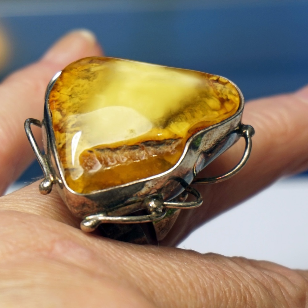 Bold Raw Amber Silver Ring Adjustable Unique - image 3